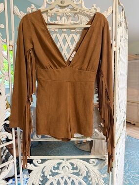Bear Dance|Brown Suede-Look Fringe Romper